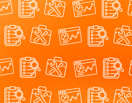 Decorative seamless pattern of white outlined analytics and tool icons on an orange background.