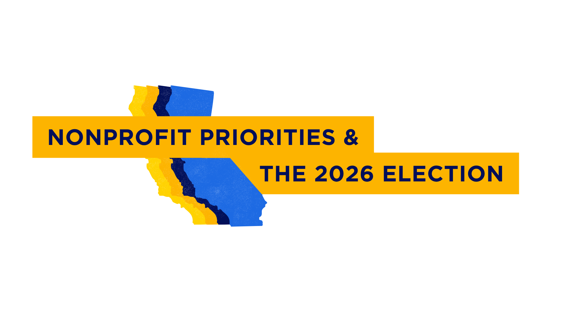 Orange banner with navy text: 'NONPROFIT PRIORITIES & THE 2026 ELECTION' over blue layered shapes.